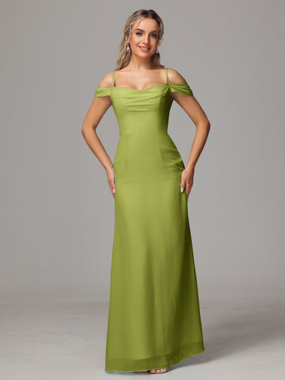 Spaghetti Straps Off The Shoulder Chiffon Bridesmaid Dress With Slit