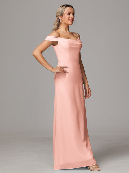 Spaghetti Straps Off The Shoulder Chiffon Bridesmaid Dress With Slit