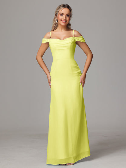 Spaghetti Straps Off The Shoulder Chiffon Bridesmaid Dress With Slit