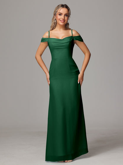 Spaghetti Straps Off The Shoulder Chiffon Bridesmaid Dress With Slit