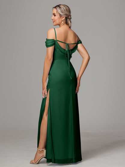 Spaghetti Straps Off The Shoulder Chiffon Bridesmaid Dress With Slit