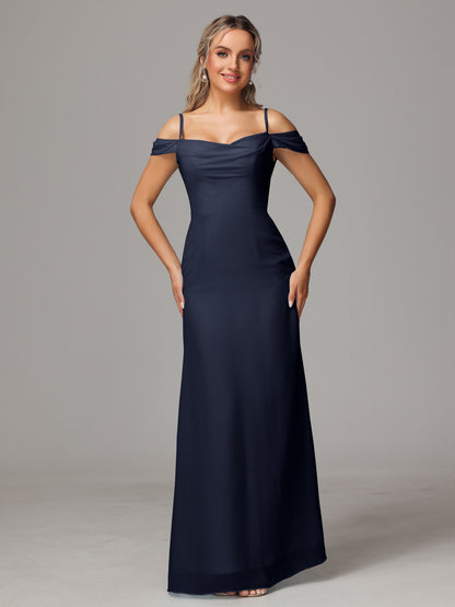 Spaghetti Straps Off The Shoulder Chiffon Bridesmaid Dress With Slit