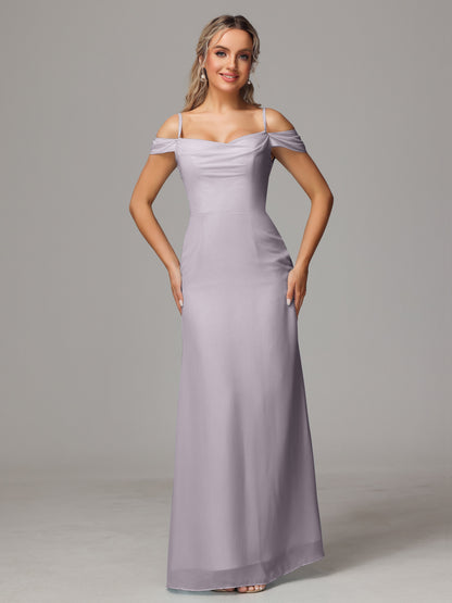 Spaghetti Straps Off The Shoulder Chiffon Bridesmaid Dress With Slit