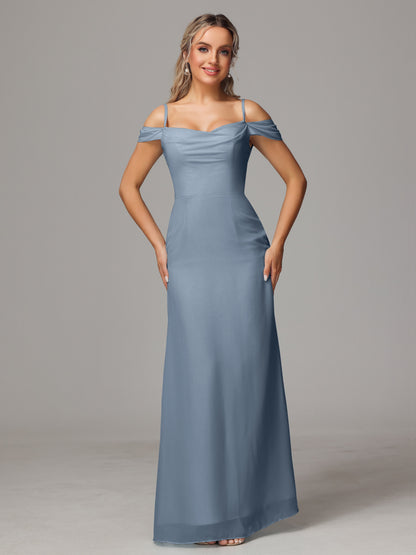 Spaghetti Straps Off The Shoulder Chiffon Bridesmaid Dress With Slit