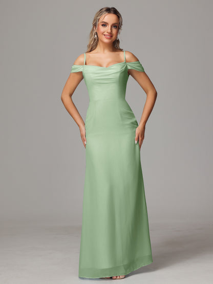 Spaghetti Straps Off The Shoulder Chiffon Bridesmaid Dress With Slit