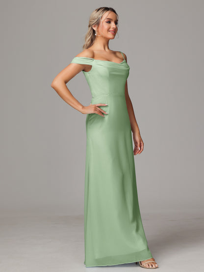 Spaghetti Straps Off The Shoulder Chiffon Bridesmaid Dress With Slit