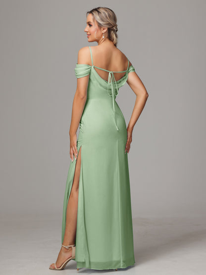 Spaghetti Straps Off The Shoulder Chiffon Bridesmaid Dress With Slit