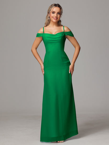 Spaghetti Straps Off The Shoulder Chiffon Bridesmaid Dress With Slit