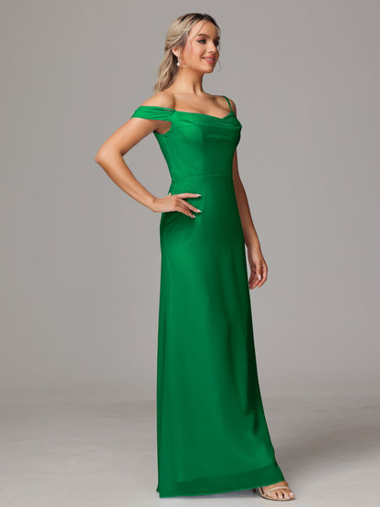 Spaghetti Straps Off The Shoulder Chiffon Bridesmaid Dress With Slit