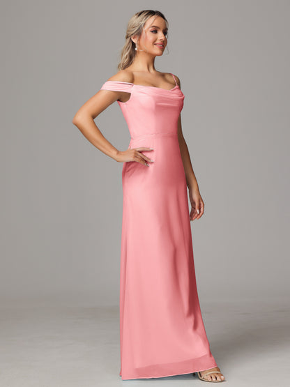 Spaghetti Straps Off The Shoulder Chiffon Bridesmaid Dress With Slit