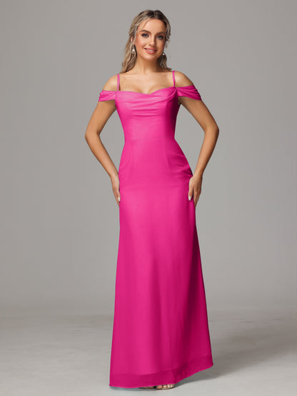 Spaghetti Straps Off The Shoulder Chiffon Bridesmaid Dress With Slit
