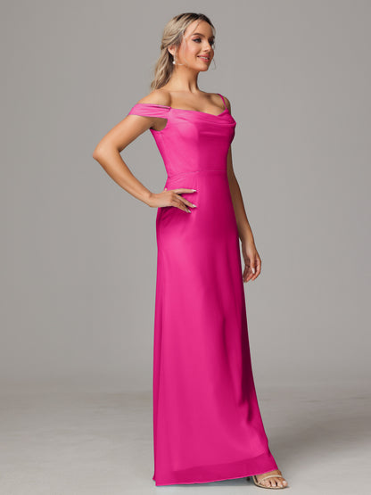 Spaghetti Straps Off The Shoulder Chiffon Bridesmaid Dress With Slit