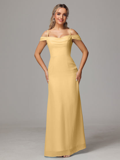 Spaghetti Straps Off The Shoulder Chiffon Bridesmaid Dress With Slit