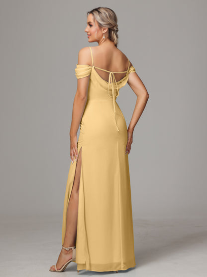 Spaghetti Straps Off The Shoulder Chiffon Bridesmaid Dress With Slit