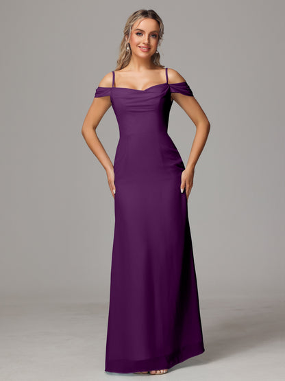 Spaghetti Straps Off The Shoulder Chiffon Bridesmaid Dress With Slit