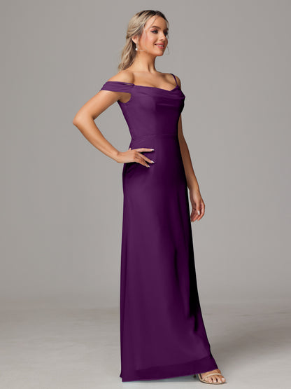 Spaghetti Straps Off The Shoulder Chiffon Bridesmaid Dress With Slit