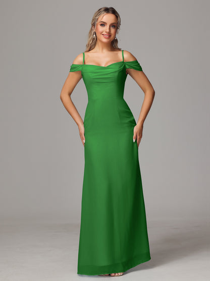 Spaghetti Straps Off The Shoulder Chiffon Bridesmaid Dress With Slit