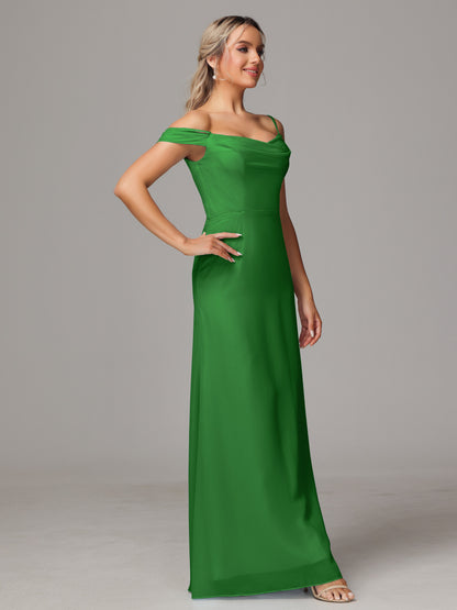 Spaghetti Straps Off The Shoulder Chiffon Bridesmaid Dress With Slit