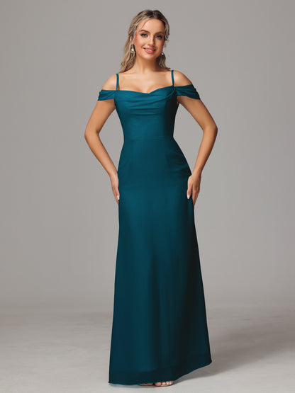 Spaghetti Straps Off The Shoulder Chiffon Bridesmaid Dress With Slit