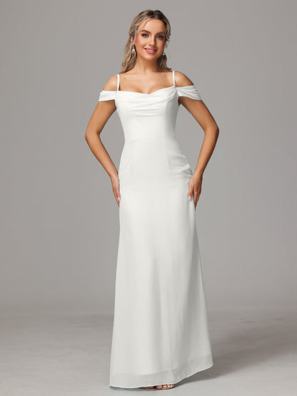 Spaghetti Straps Off The Shoulder Chiffon Bridesmaid Dress With Slit