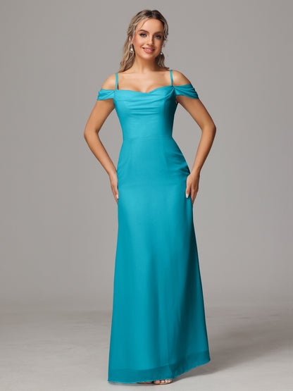Spaghetti Straps Off The Shoulder Chiffon Bridesmaid Dress With Slit