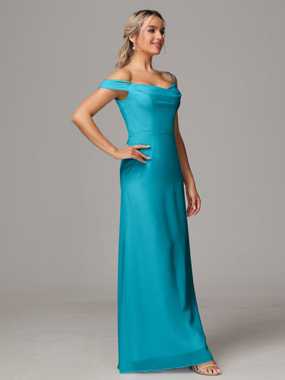 Spaghetti Straps Off The Shoulder Chiffon Bridesmaid Dress With Slit
