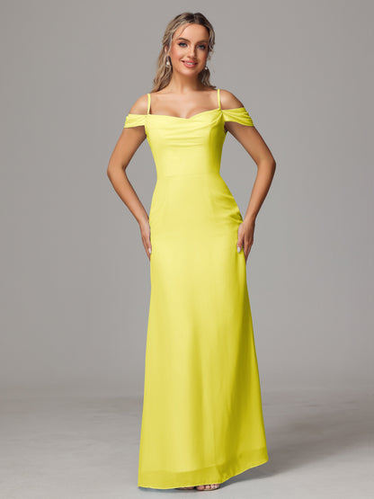 Spaghetti Straps Off The Shoulder Chiffon Bridesmaid Dress With Slit