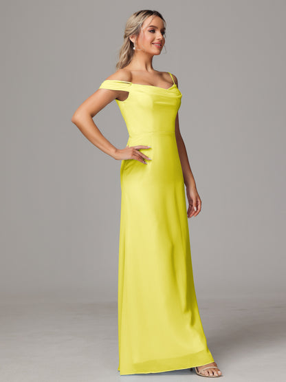 Spaghetti Straps Off The Shoulder Chiffon Bridesmaid Dress With Slit