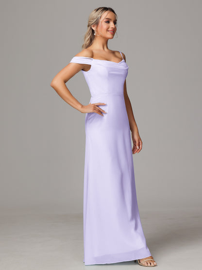 Spaghetti Straps Off The Shoulder Chiffon Bridesmaid Dress With Slit