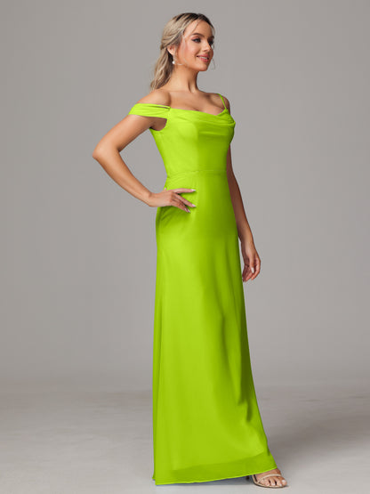 Spaghetti Straps Off The Shoulder Chiffon Bridesmaid Dress With Slit