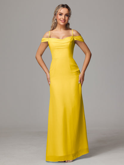Spaghetti Straps Off The Shoulder Chiffon Bridesmaid Dress With Slit