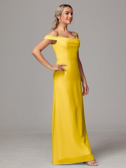 Spaghetti Straps Off The Shoulder Chiffon Bridesmaid Dress With Slit