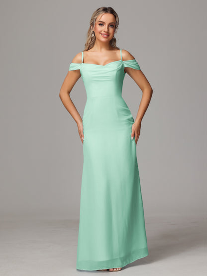 Spaghetti Straps Off The Shoulder Chiffon Bridesmaid Dress With Slit