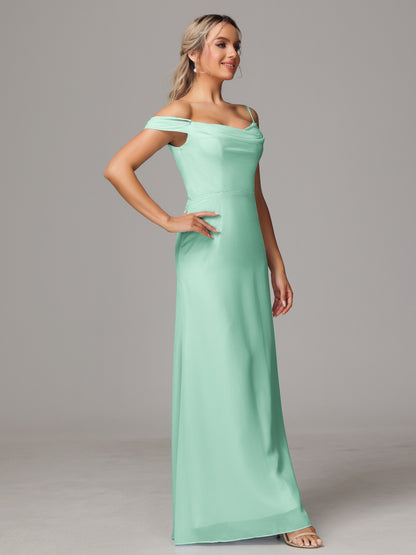 Spaghetti Straps Off The Shoulder Chiffon Bridesmaid Dress With Slit