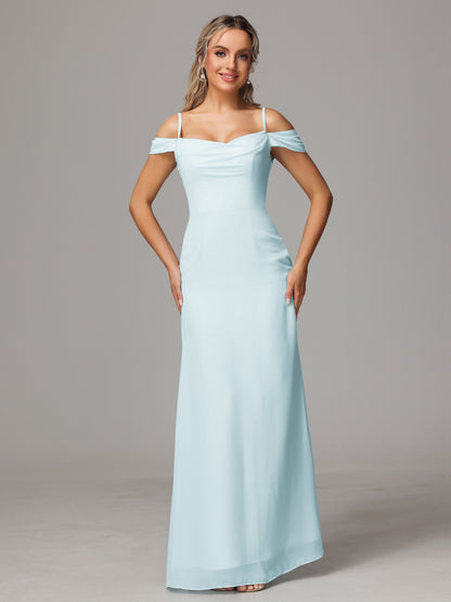 Spaghetti Straps Off The Shoulder Chiffon Bridesmaid Dress With Slit