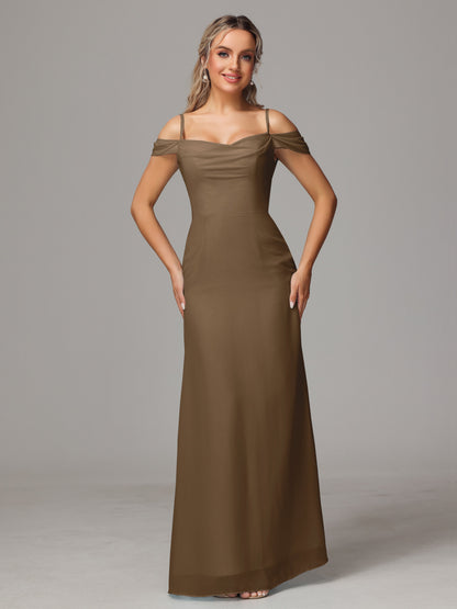 Spaghetti Straps Off The Shoulder Chiffon Bridesmaid Dress With Slit