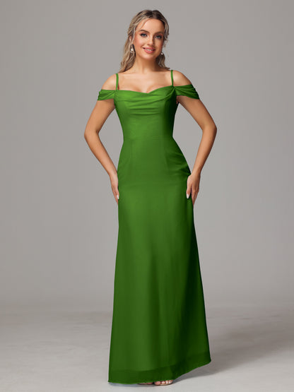 Spaghetti Straps Off The Shoulder Chiffon Bridesmaid Dress With Slit