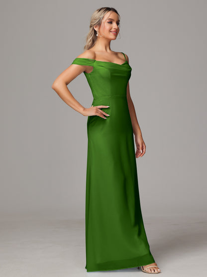 Spaghetti Straps Off The Shoulder Chiffon Bridesmaid Dress With Slit