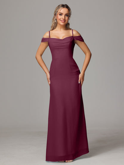 Spaghetti Straps Off The Shoulder Chiffon Bridesmaid Dress With Slit