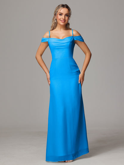 Spaghetti Straps Off The Shoulder Chiffon Bridesmaid Dress With Slit
