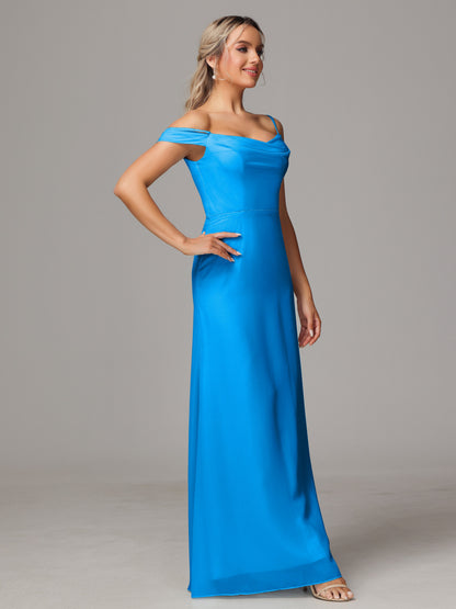Spaghetti Straps Off The Shoulder Chiffon Bridesmaid Dress With Slit