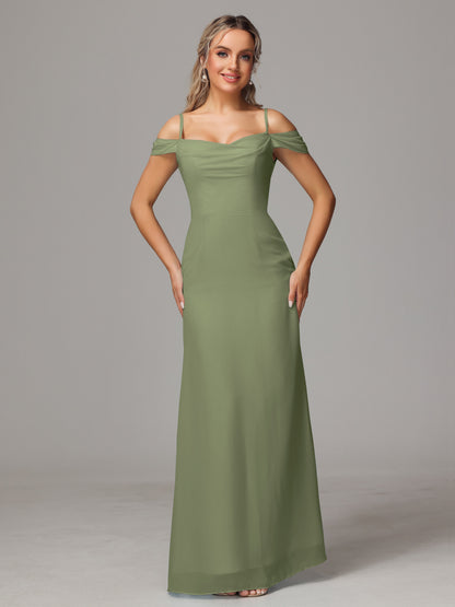 Spaghetti Straps Off The Shoulder Chiffon Bridesmaid Dress With Slit