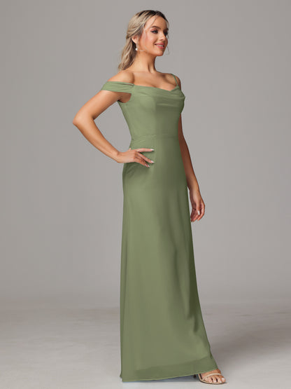 Spaghetti Straps Off The Shoulder Chiffon Bridesmaid Dress With Slit