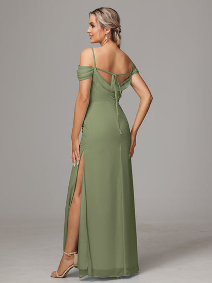 Spaghetti Straps Off The Shoulder Chiffon Bridesmaid Dress With Slit