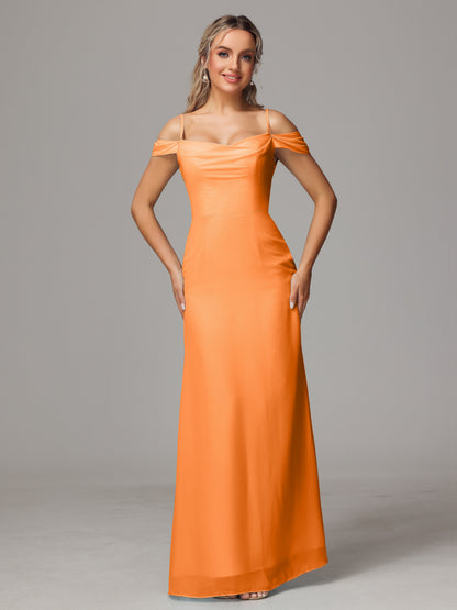 Spaghetti Straps Off The Shoulder Chiffon Bridesmaid Dress With Slit