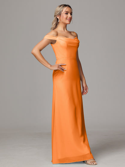 Spaghetti Straps Off The Shoulder Chiffon Bridesmaid Dress With Slit