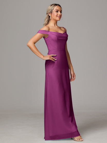 Spaghetti Straps Off The Shoulder Chiffon Bridesmaid Dress With Slit