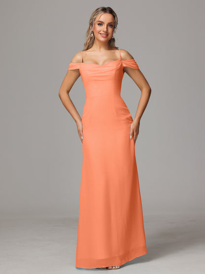 Spaghetti Straps Off The Shoulder Chiffon Bridesmaid Dress With Slit