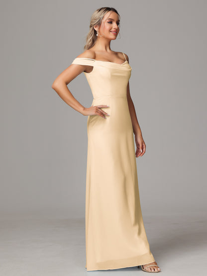 Spaghetti Straps Off The Shoulder Chiffon Bridesmaid Dress With Slit