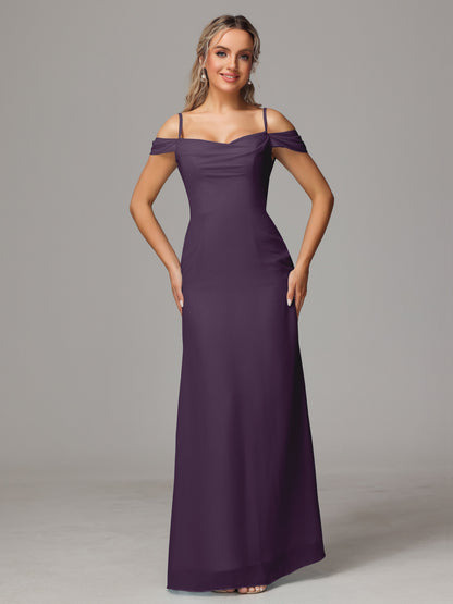 Spaghetti Straps Off The Shoulder Chiffon Bridesmaid Dress With Slit